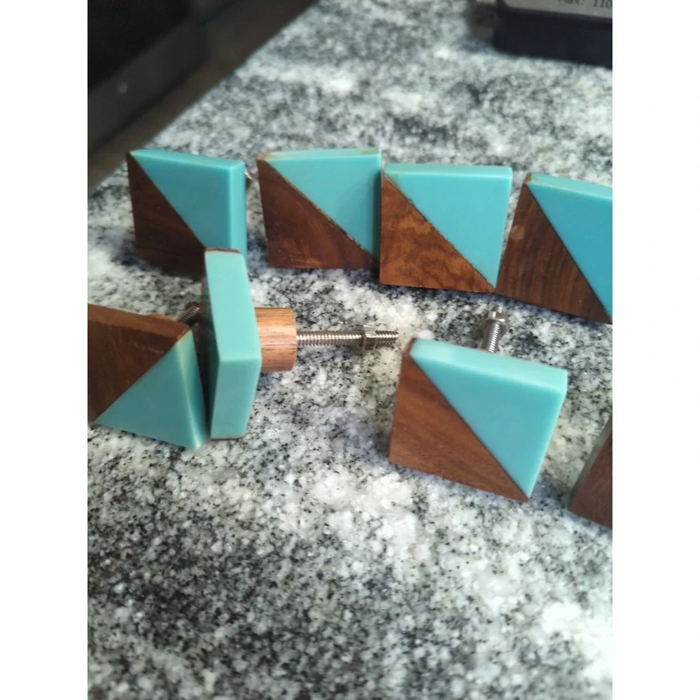 12 MCM Wood Boho Style Wood Teal Faux Stone Drawer Pulls Knobs Handles Teak